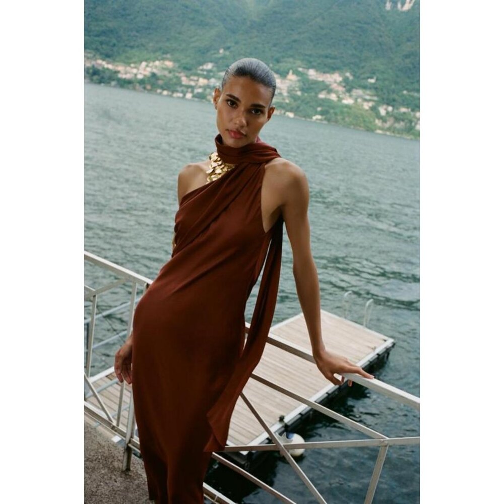 ZARA ASYMMETRIC MIDI DRESS WITH SCARF - Picture 4 of 8